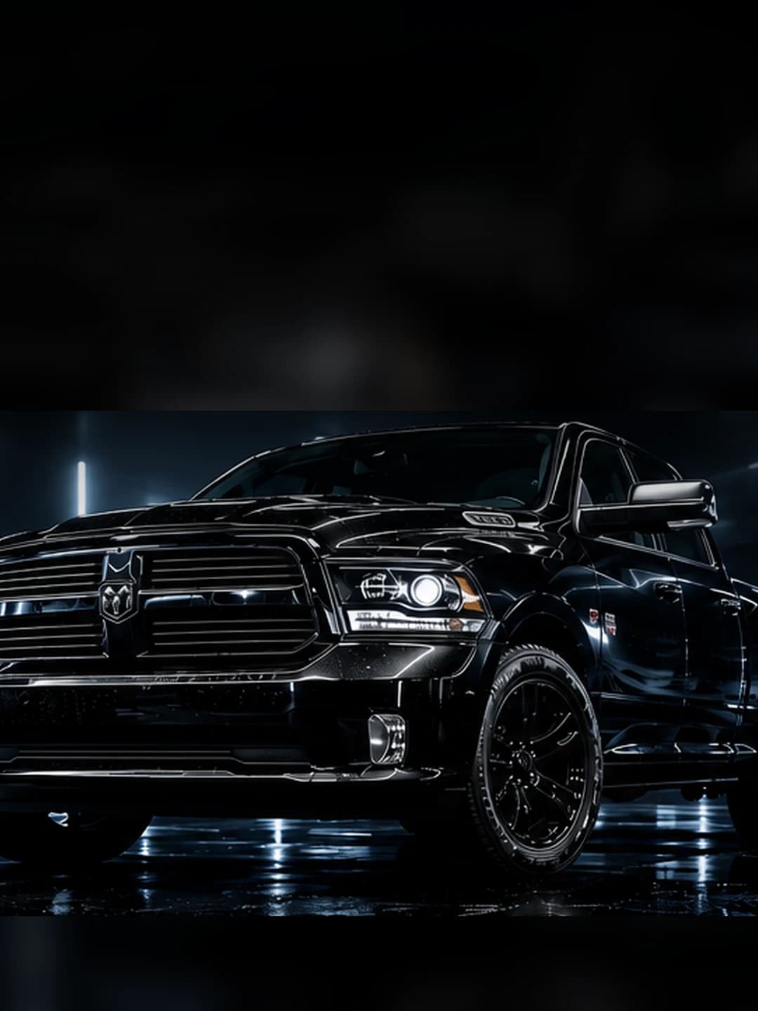 Freshly detailed black Ram pickup on a wet studio floor under cool light streaks